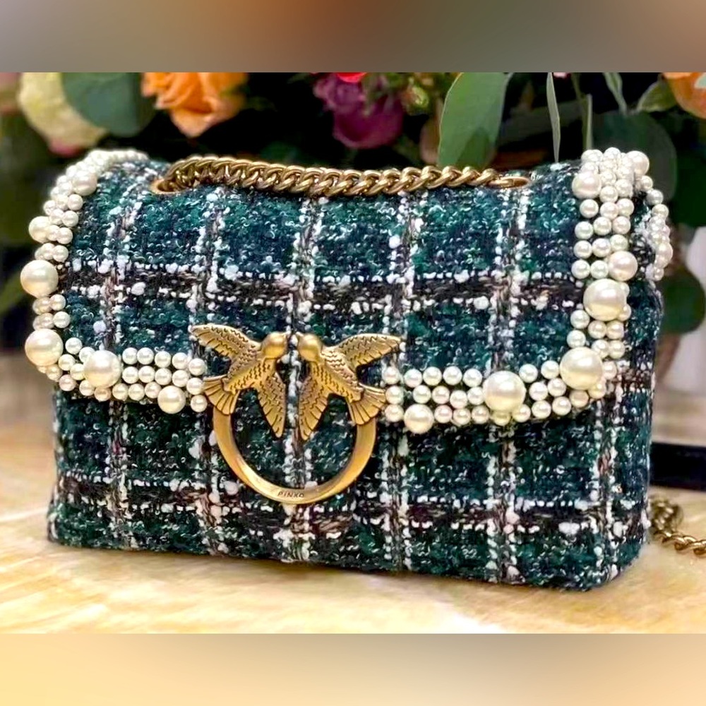 Pinko Mini Love Bag Green Tweed w Pearls